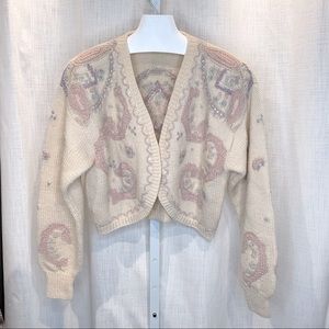 Vintage Needleworks 1989 Ivory Handknit Beaded Sequined Open Front Shrug  - S